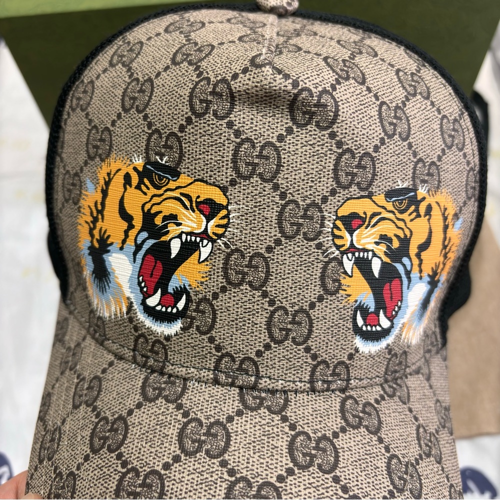 Gucci Beige Tiger Web Baseball Cap Mesh Gg Supreme Classic - Picture 2 of 6
